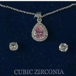 Women's Silver Plate Cubic Zirconia Teardrop Necklace Stud Earring Set 18"+3